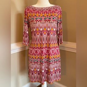 Donna Morgan Sheath Dress, Boat Neck Shift, Geometric A-Line Size 14nPink Orange